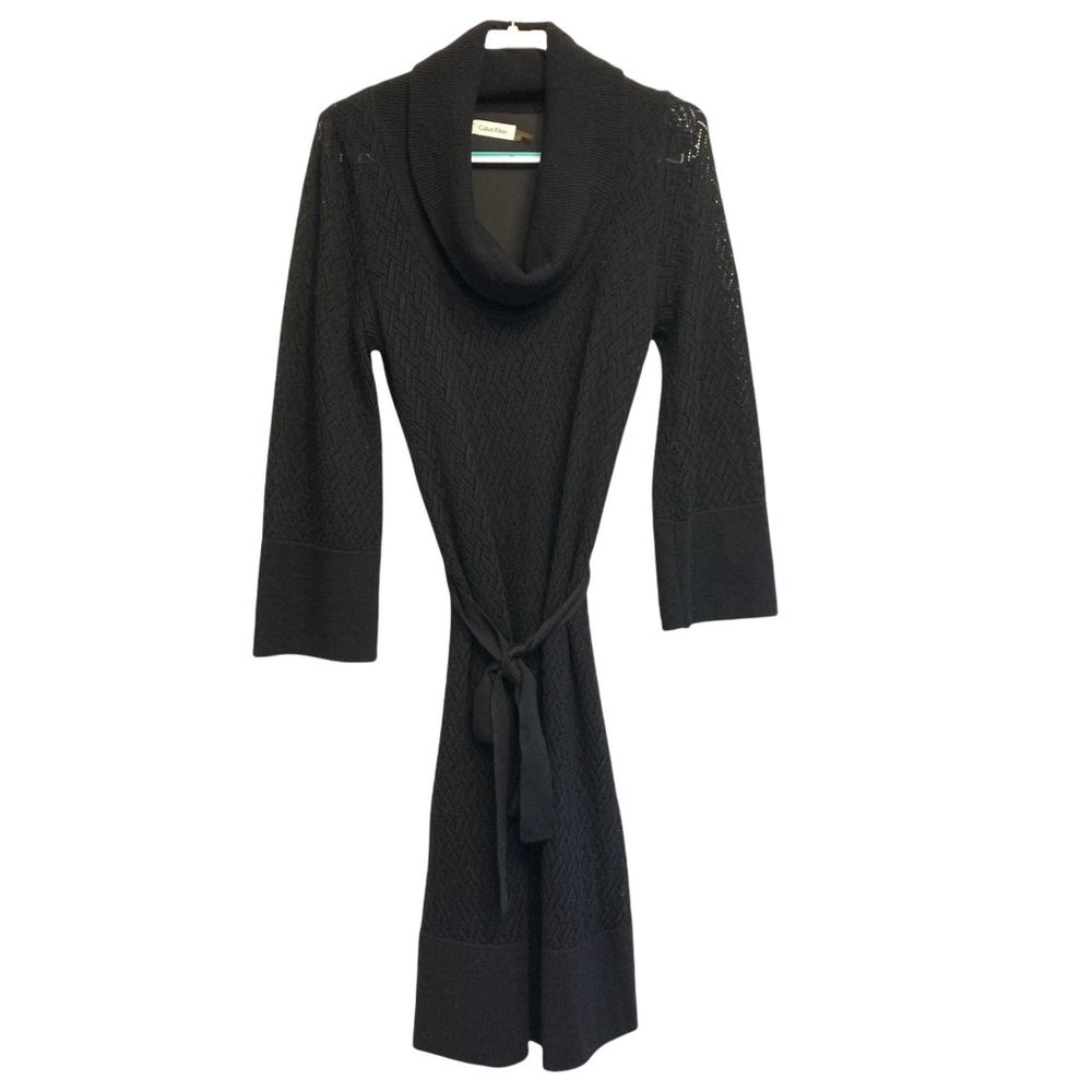 Calvin Klein Black Wool Cowl Neck Pointelle Sweater Dress Medium - Picture 3 of 12